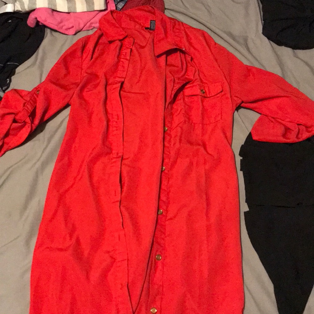 Red shirt dress with gold buttons